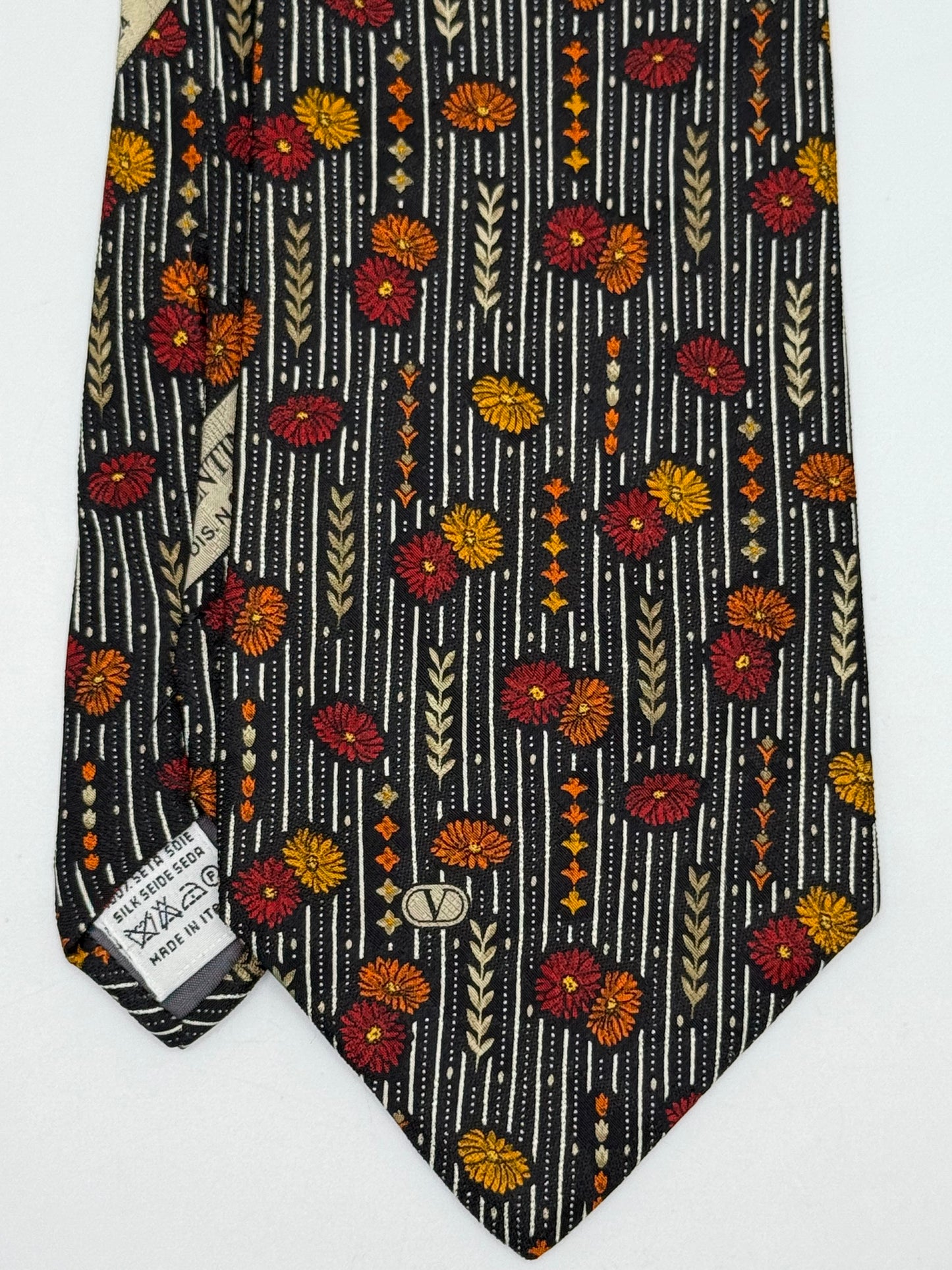 Black twill silk tie stripes and flower pattern