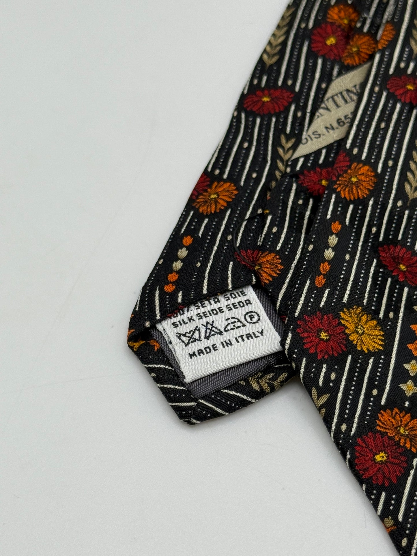 Black twill silk tie stripes and flower pattern