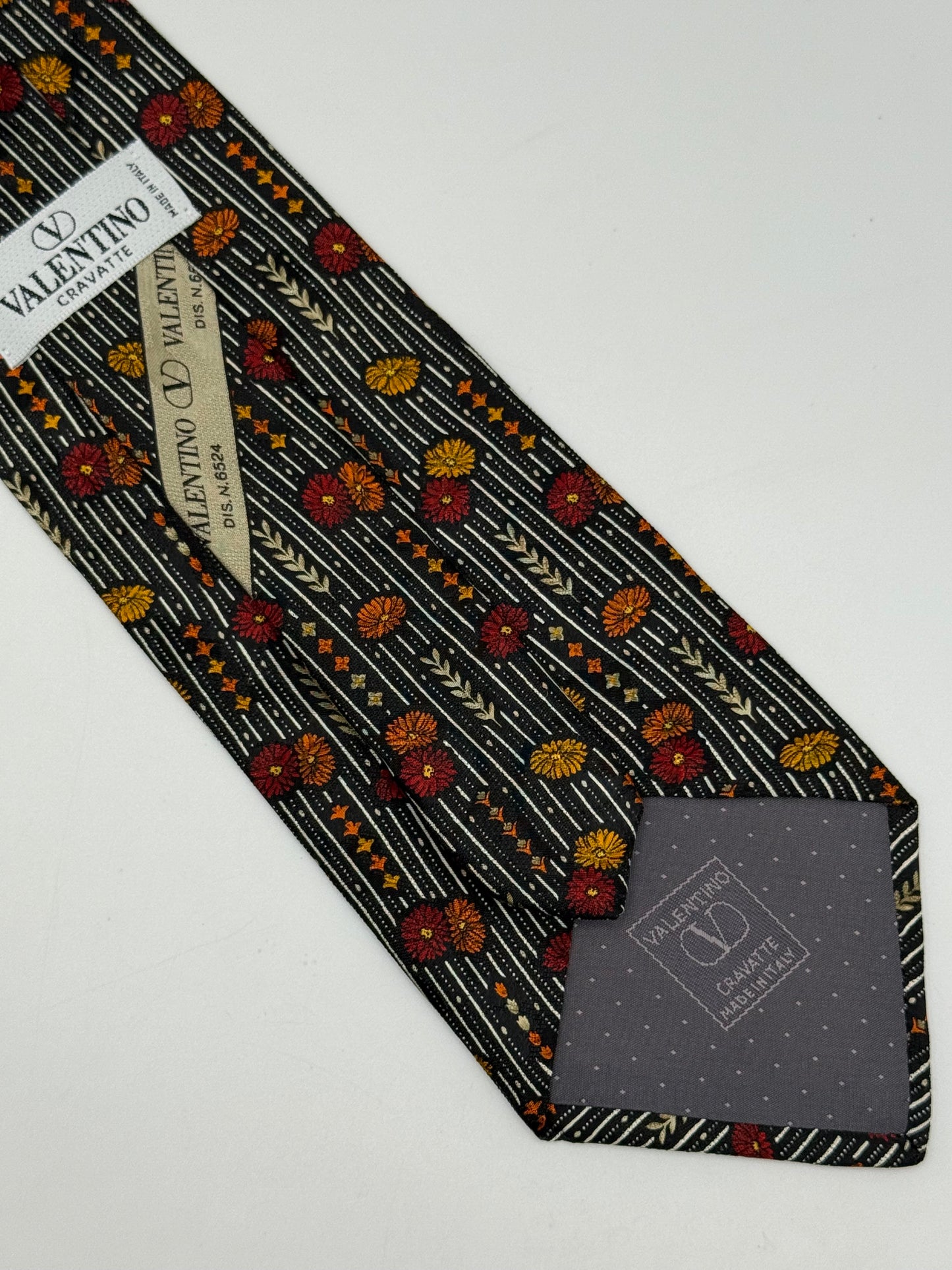 Black twill silk tie stripes and flower pattern