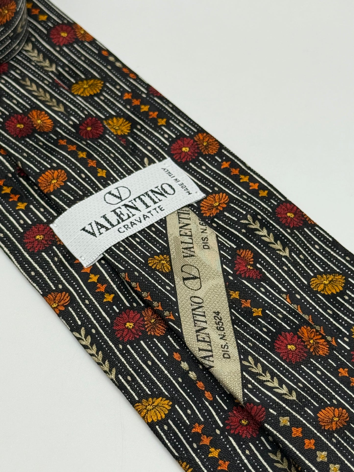Black twill silk tie stripes and flower pattern