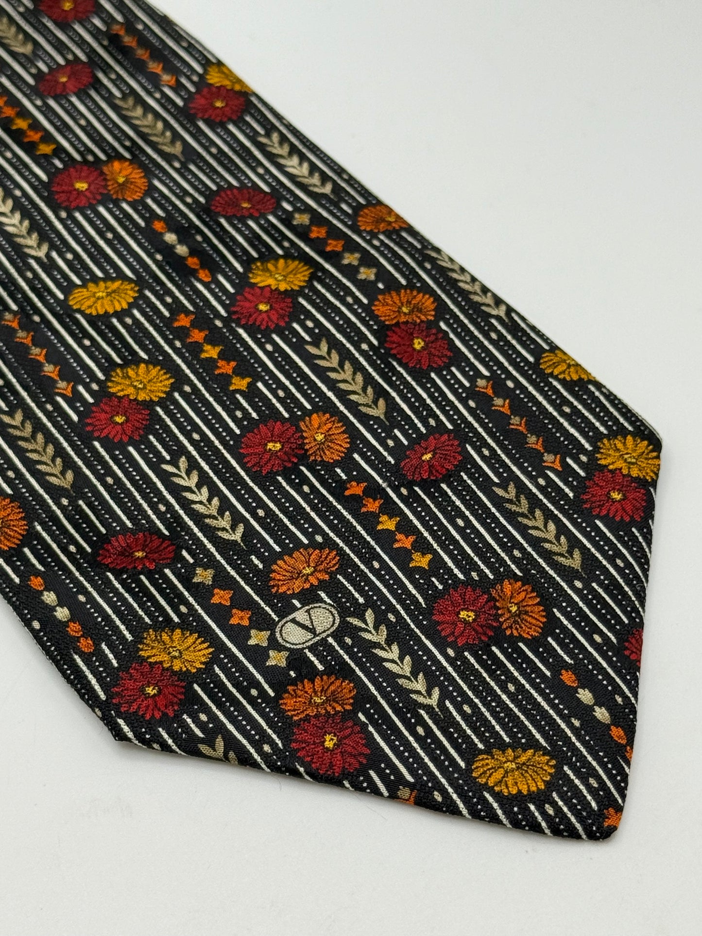 Black twill silk tie stripes and flower pattern