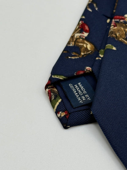 Dark blue twill silk tie whit horse and greyhound pattern