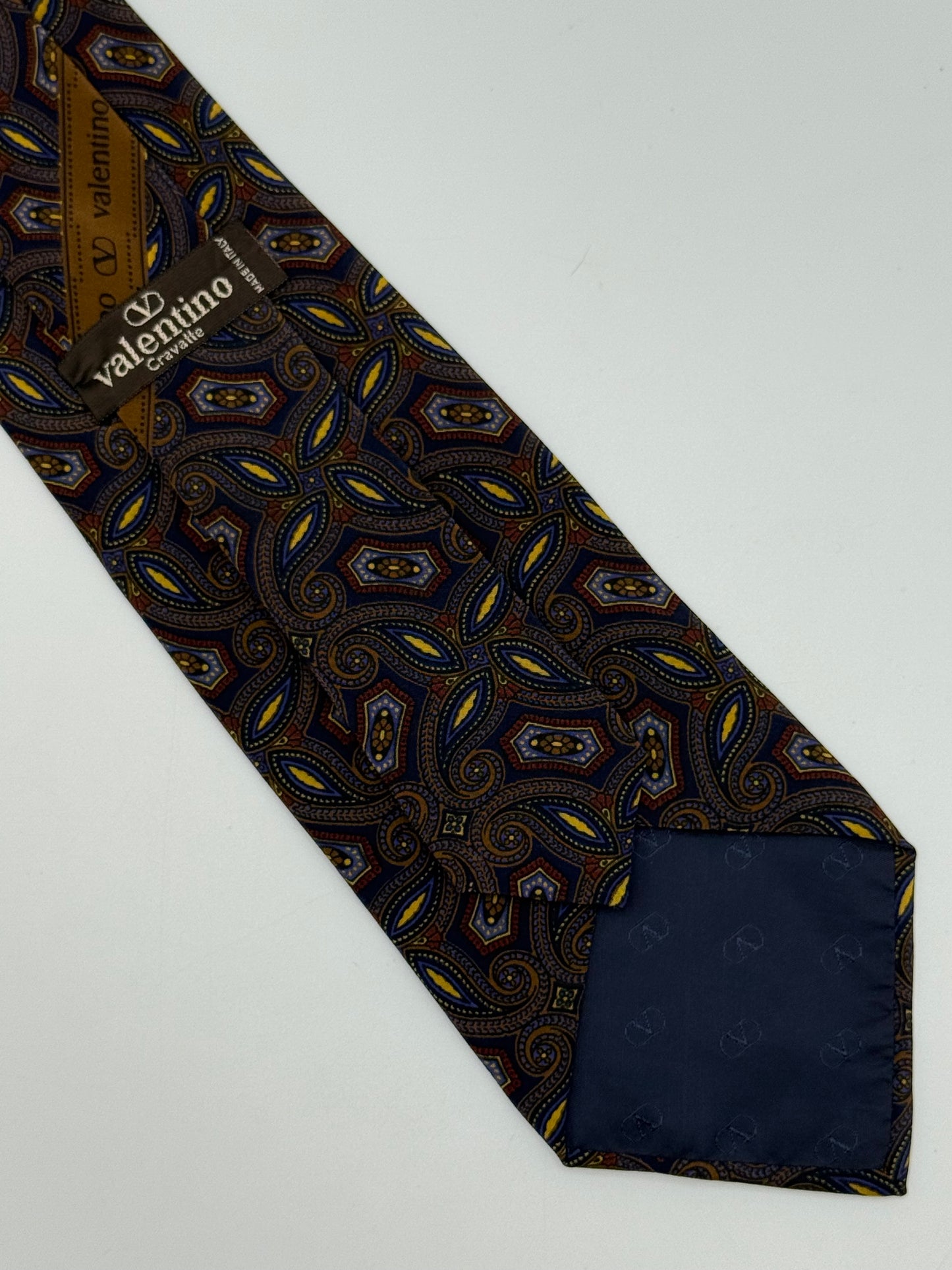 Dark blue silk tie whit geometric and cashmere pattern