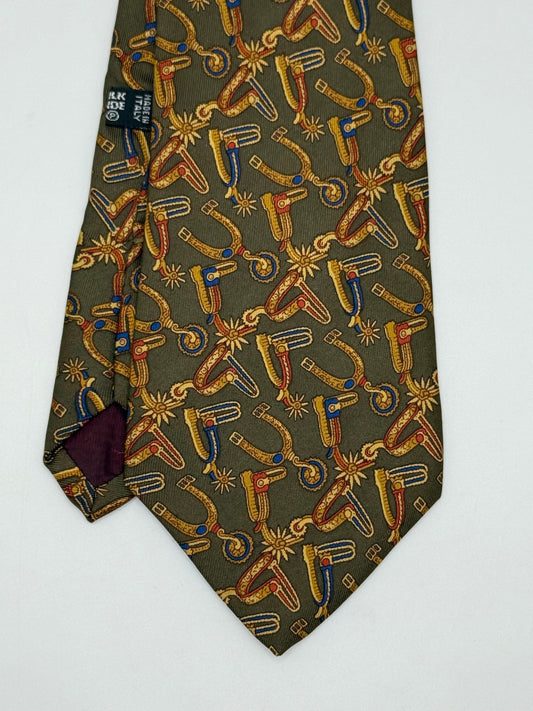 Dark green silk tie whit spurs pattern