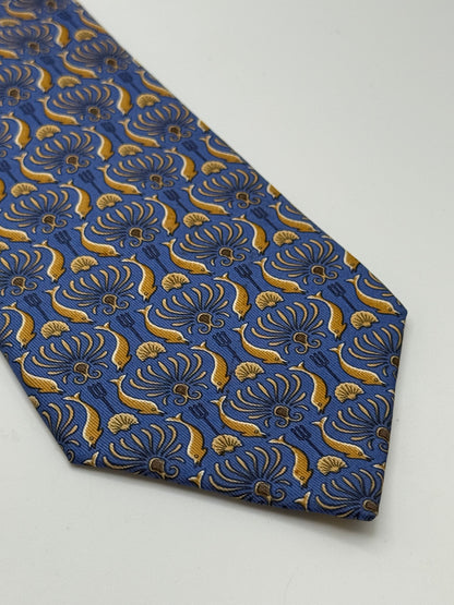 Blue twill silk tie gold dolphin pattern