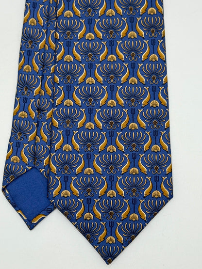 Blue twill silk tie gold dolphin pattern