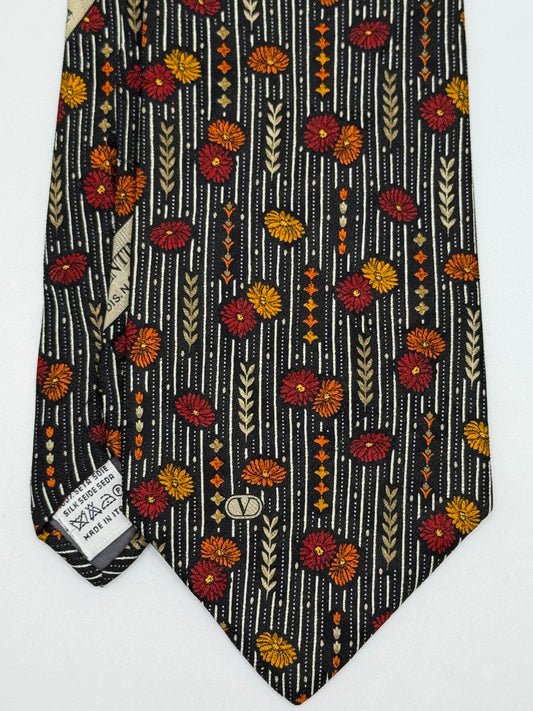 Black twill silk tie stripes and flower pattern