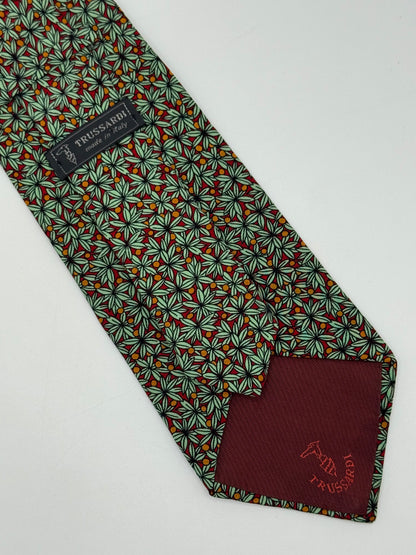 Burgundy satin silk tie shit flower pattern