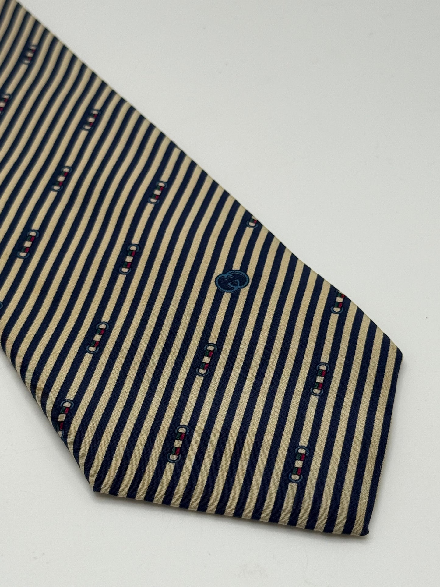 Cream and dark blue stripes silk tie