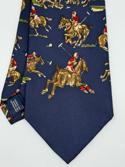 Dark blue twill silk tie whit horse and greyhound pattern