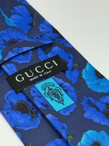 Dark blue large flower pattern silk tie