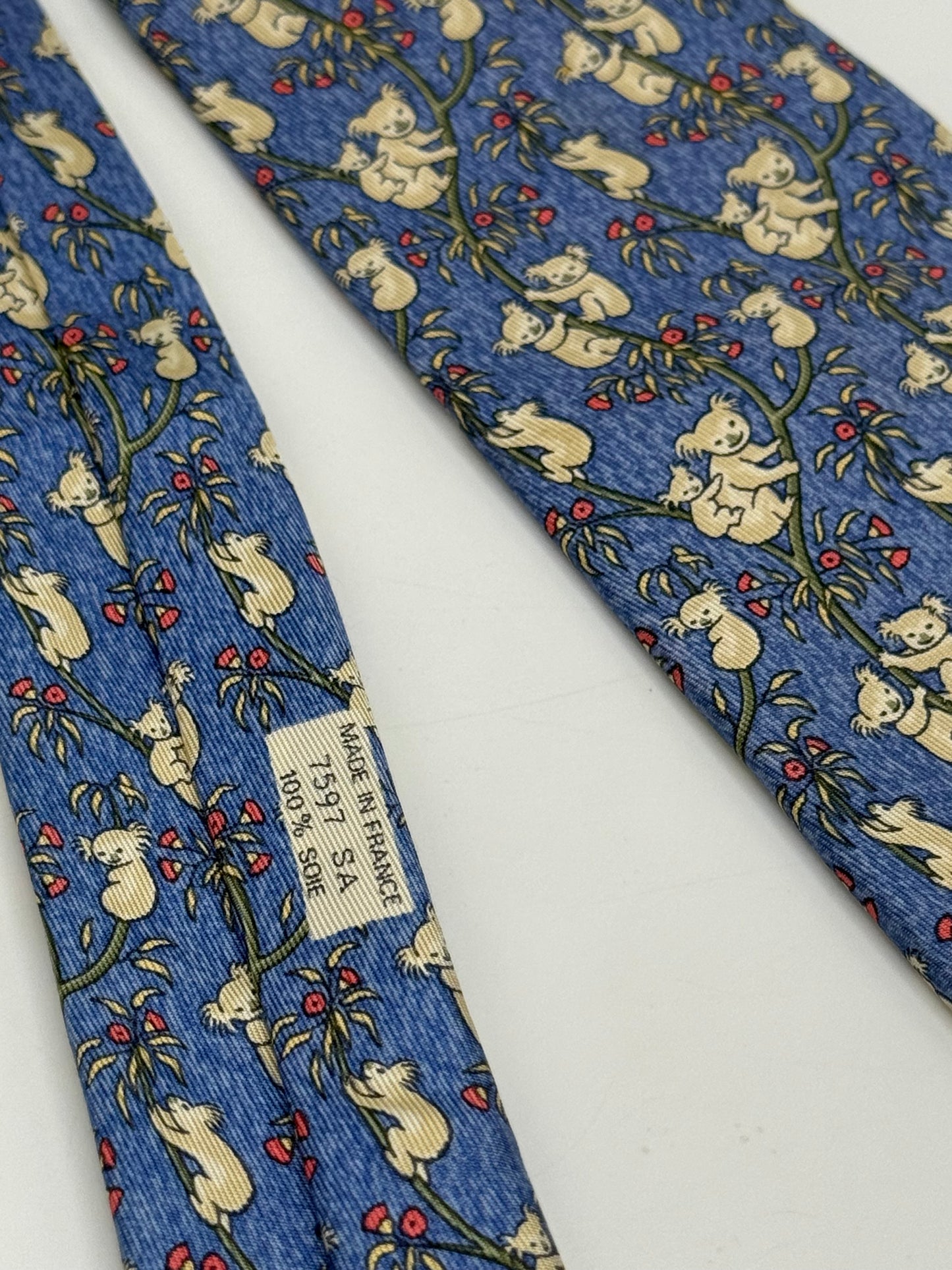 Blue twill silk tie whit koala pattern