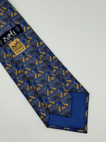 Blue twill silk tie gold dolphin pattern
