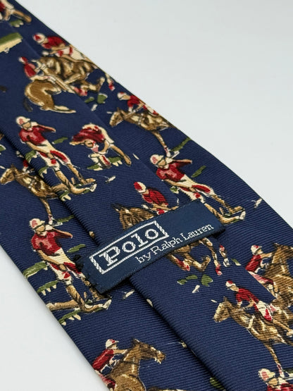 Dark blue twill silk tie whit horse and greyhound pattern